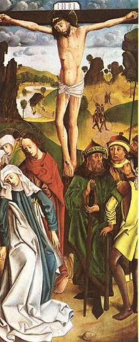 Meister des Florian Winkler-Epitaphs, Christus am Kreuz, Öl (-Tempera?) auf Holz, um 1485-1490